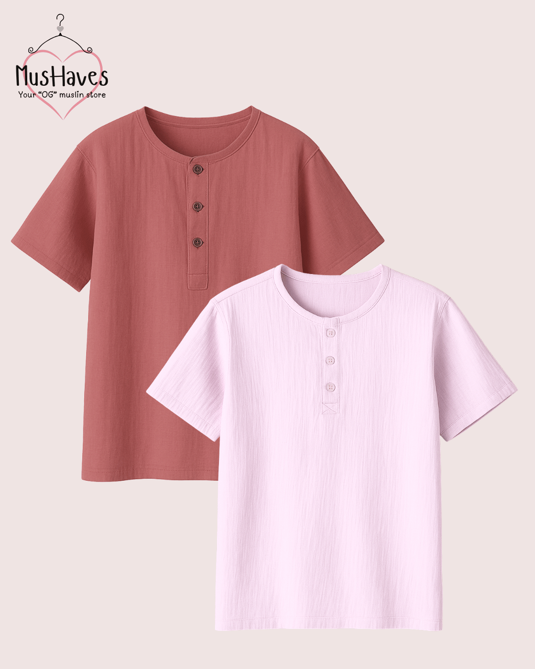Premium Henley Teeshirt Combo Of Pink - Baby Pink + Rust Pink