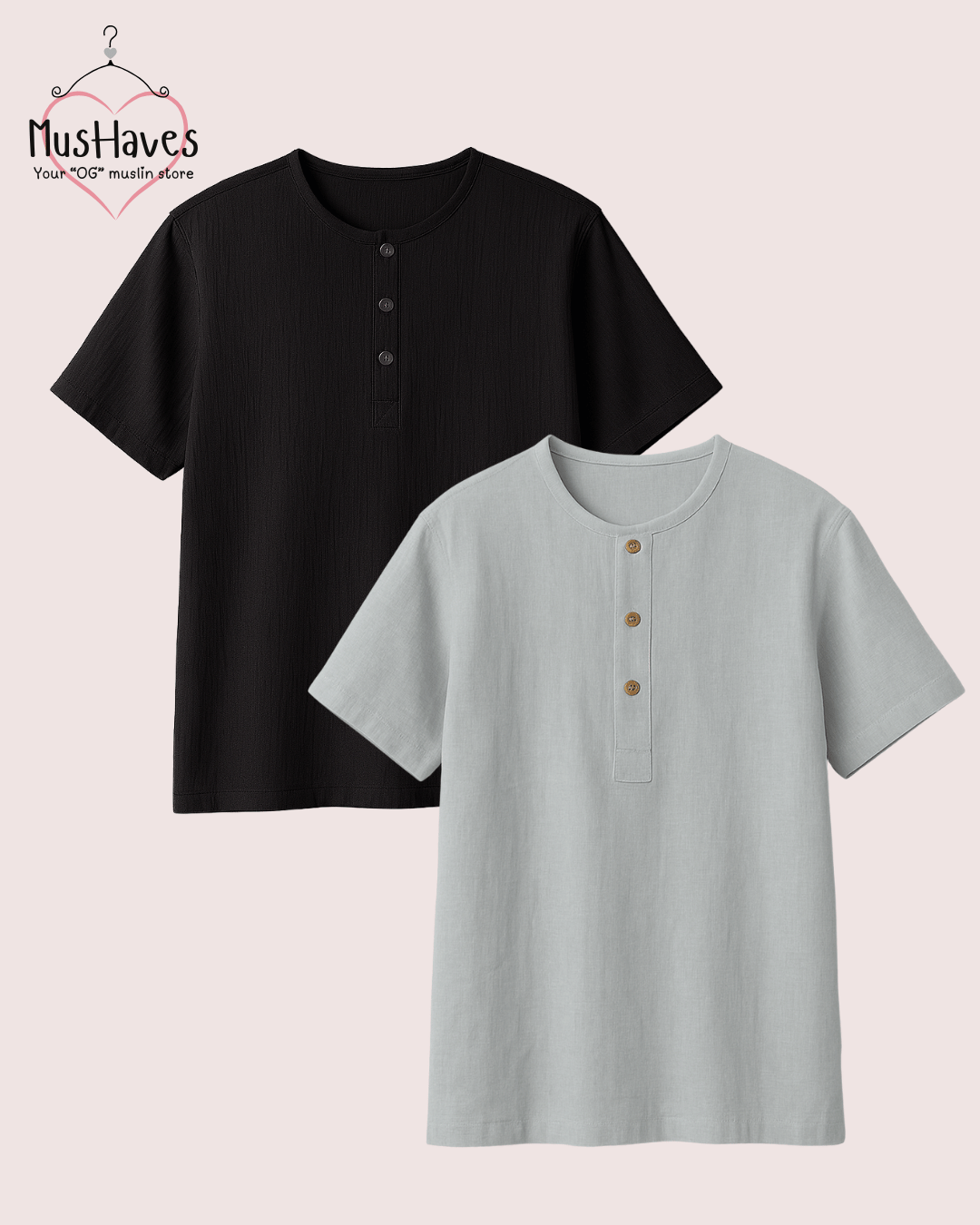 Unisex Organic Cotton Muslin T-Shirt – 100% Double Gauze, Loose Fit, Breathable Black + Grey Tee