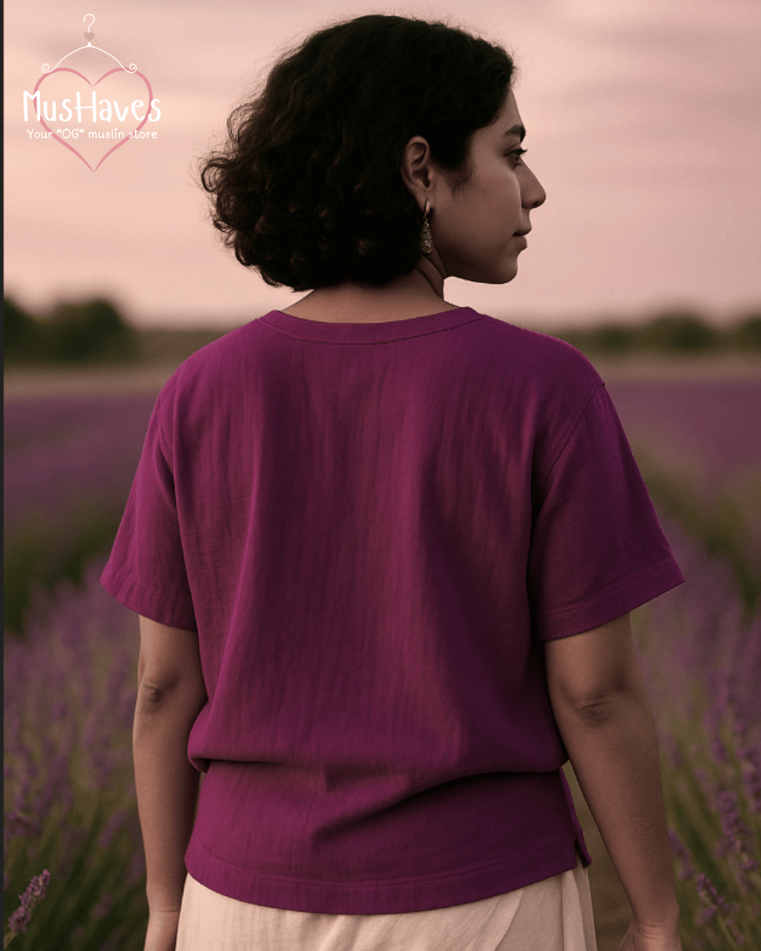 Unisex Organic Cotton Muslin T-Shirt – 100% Double Gauze, Loose Fit, Breathable Purple Teeshirt
