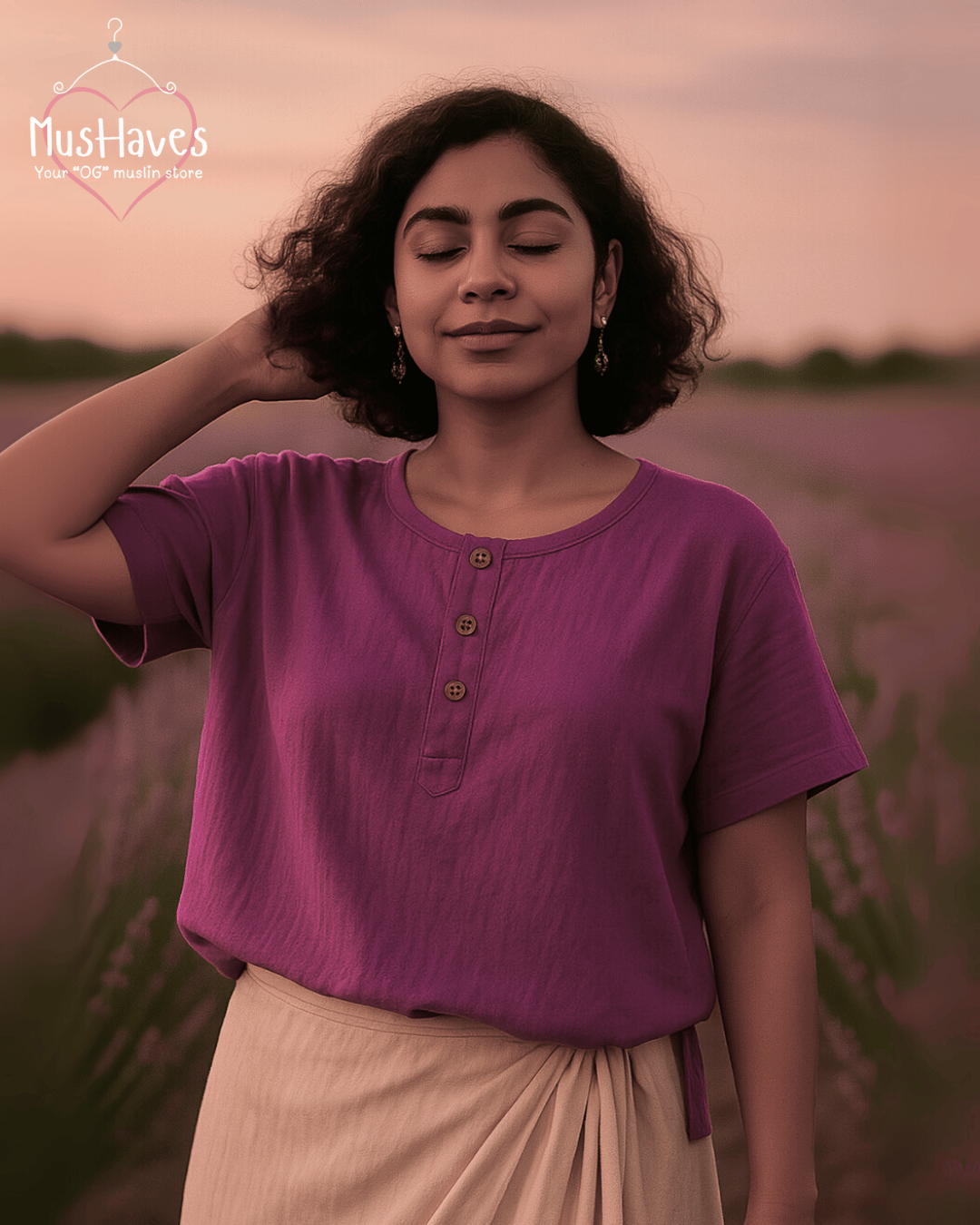 Unisex Organic Cotton Muslin T-Shirt – 100% Double Gauze, Loose Fit, Breathable Purple Teeshirt