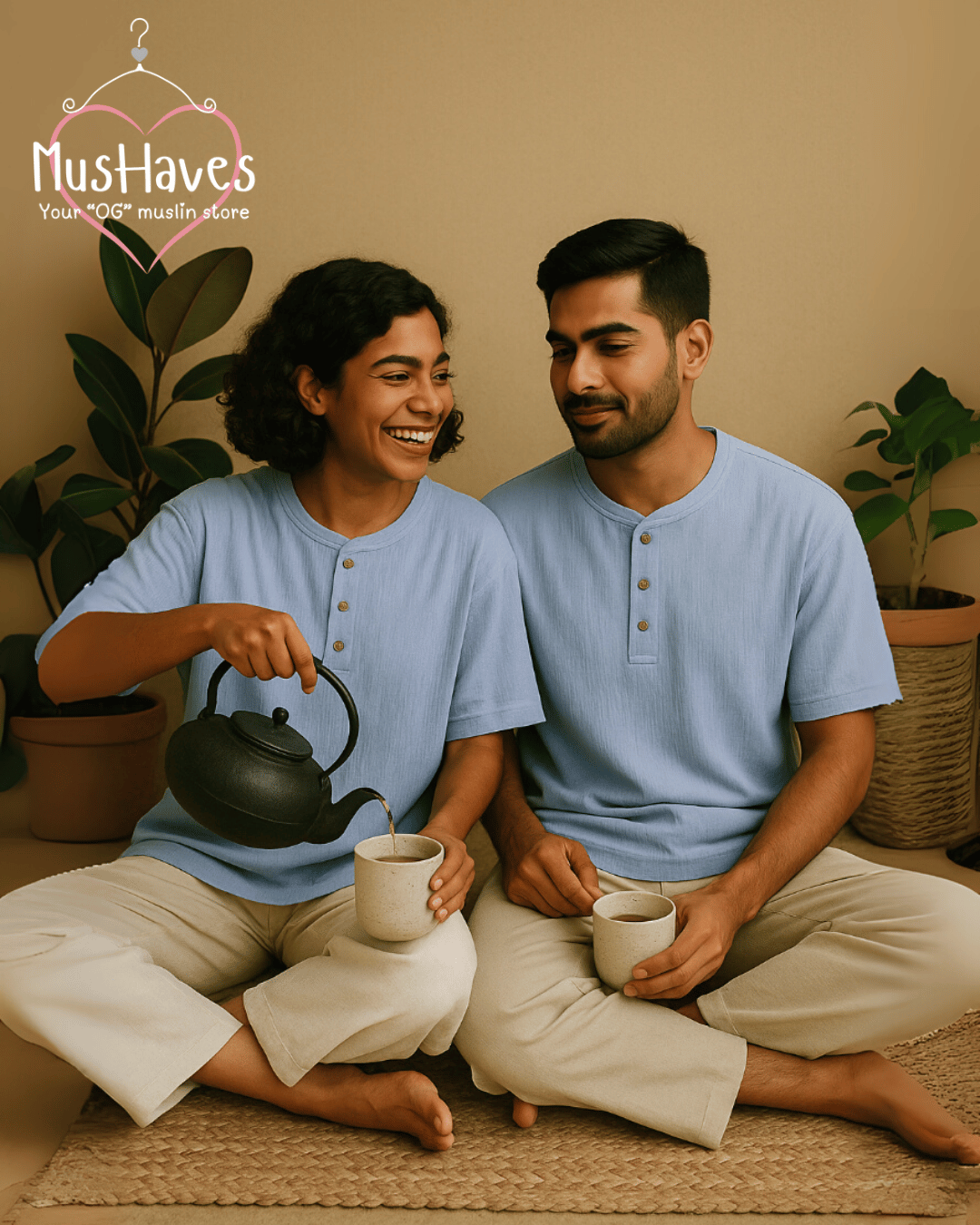 Unisex Organic Cotton Muslin T-Shirt – 100% Double Gauze, Loose Fit, Breathable Powder Blue Tee
