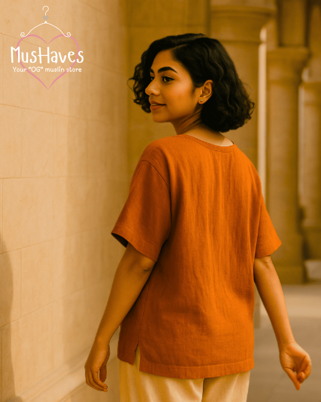 Unisex Organic Cotton Muslin T-Shirt – 100% Double Gauze, Loose Fit, Breathable Mandarin Orange Tee