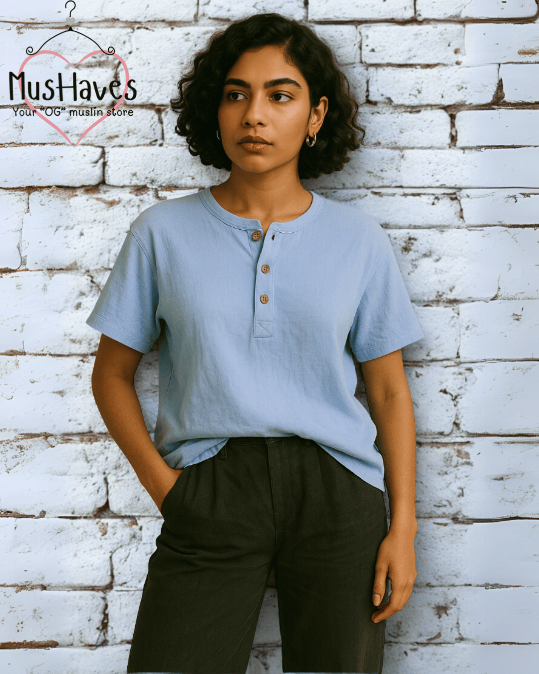 Unisex Organic Cotton Muslin T-Shirt – 100% Double Gauze, Loose Fit, Breathable Powder Blue Tee
