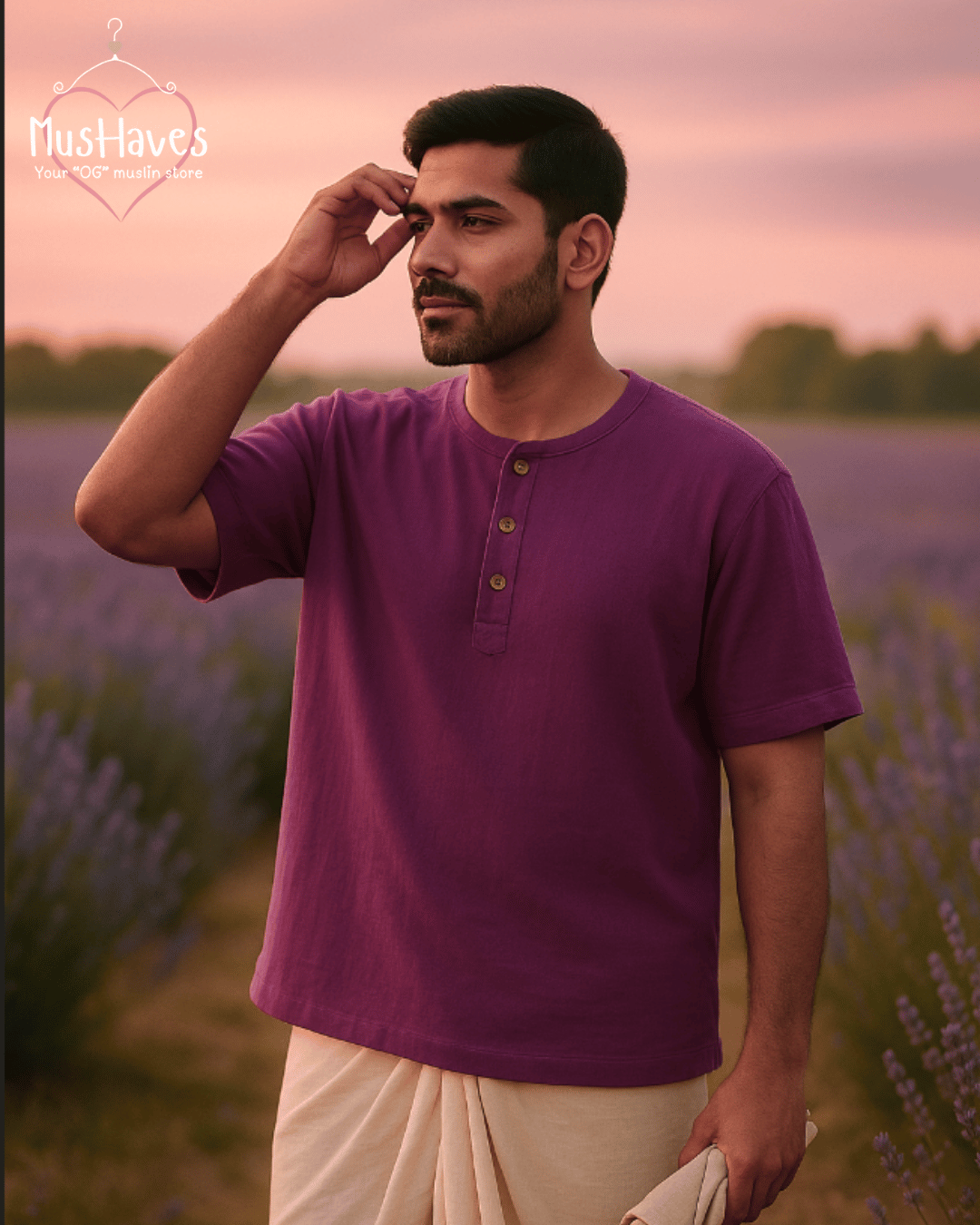 Unisex Organic Cotton Muslin T-Shirt – 100% Double Gauze, Loose Fit, Breathable Purple Teeshirt