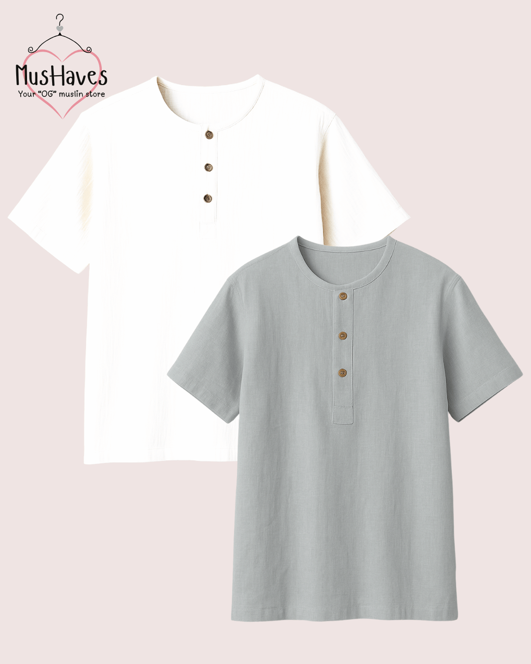 Unisex Organic Cotton Muslin T-Shirt – 100% Double Gauze, Loose Fit, Breathable Grey + White