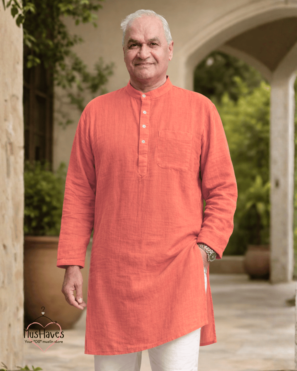 Premium Mulmul Long Kurta | 100% Organic Cotton | Men | Mushaves Classic | Melon Pulp