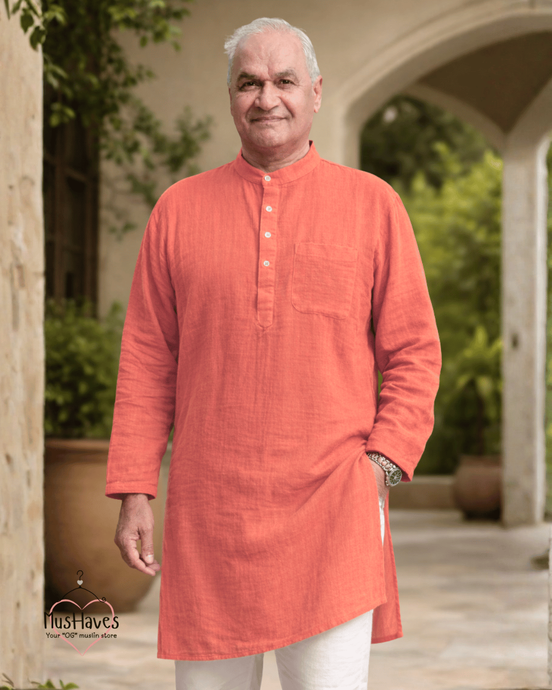 Premium Mulmul Long Kurta | 100% Organic Cotton | Men | Mushaves Classic | Melon Pulp