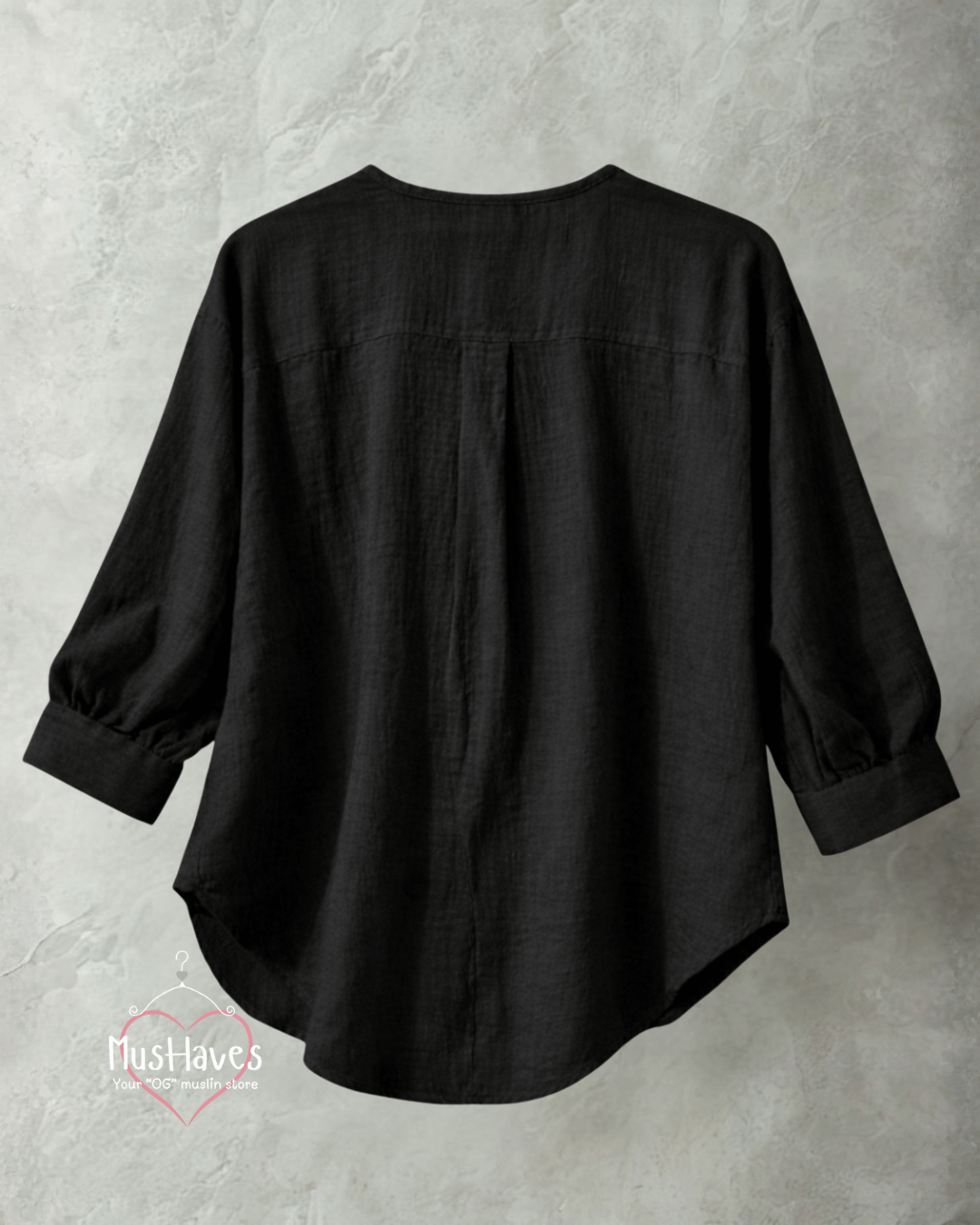 Women Premium Muslin Formal Blouse – 100% Double Gauze | Loose Fit | Silloute | Slit Round Neck | Charcoal Black