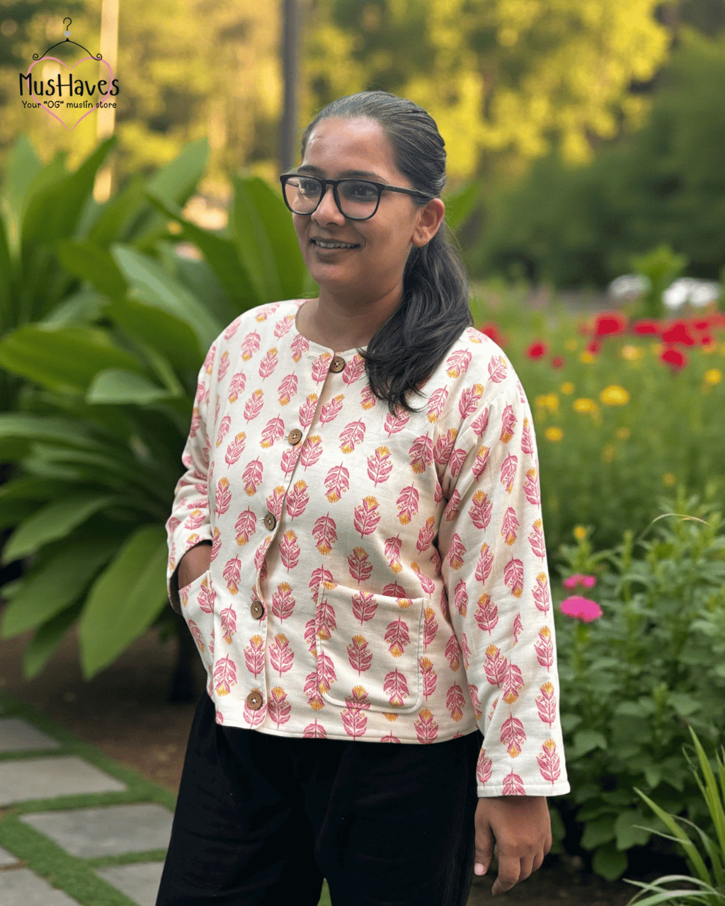 Premium Muslin Jacket | Women | 100% Organic Cotton | Mulmul | 4-Layer | 6-Layers | Reversible | Round Neck | 10°C to 25°C | Red Petal + Beige
