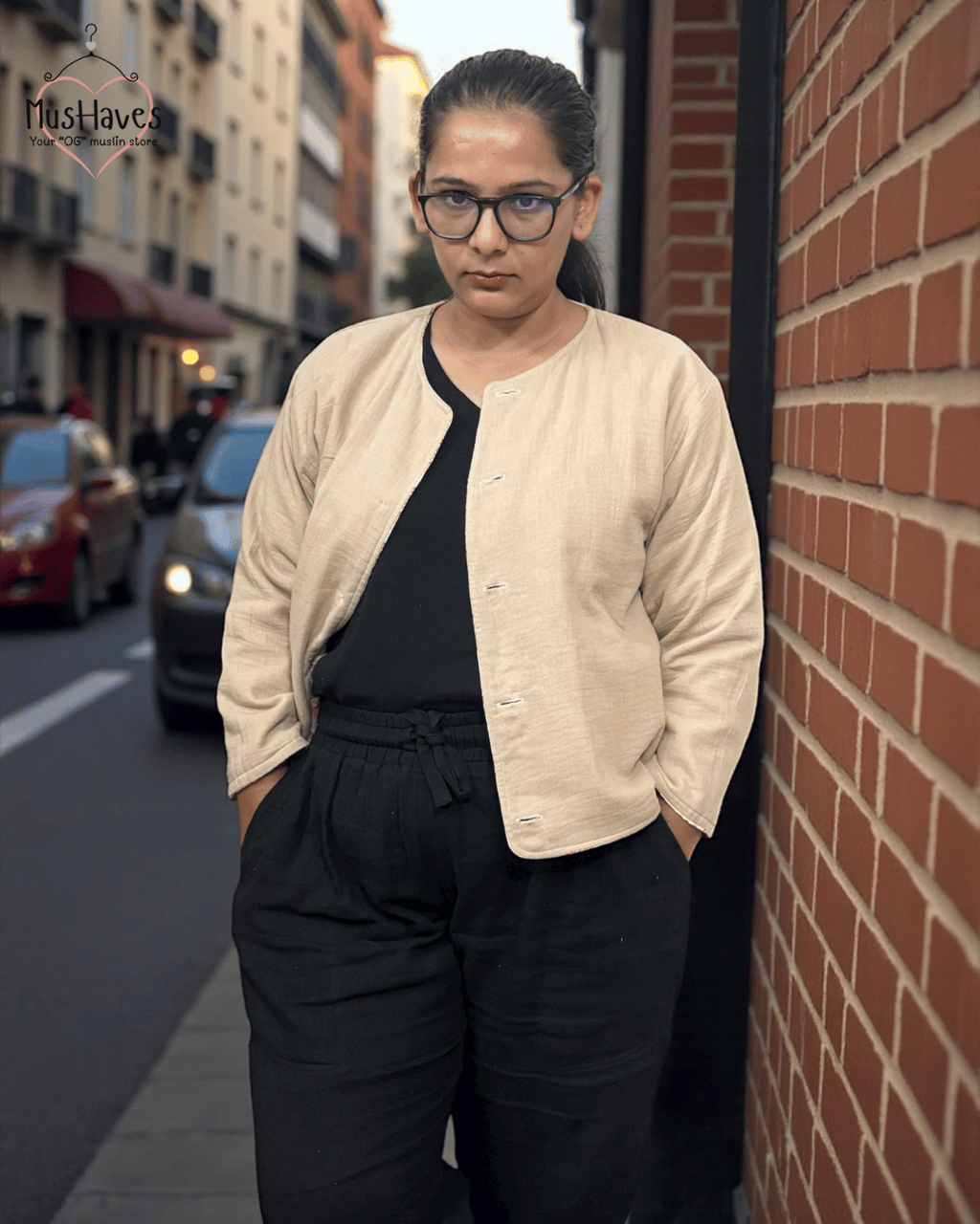 Premium Muslin Jacket | Women | 100% Organic Cotton | Mulmul | 4-Layer | 6-Layers | Reversible | Round Neck | 10°C to 25°C | Red Petal + Beige