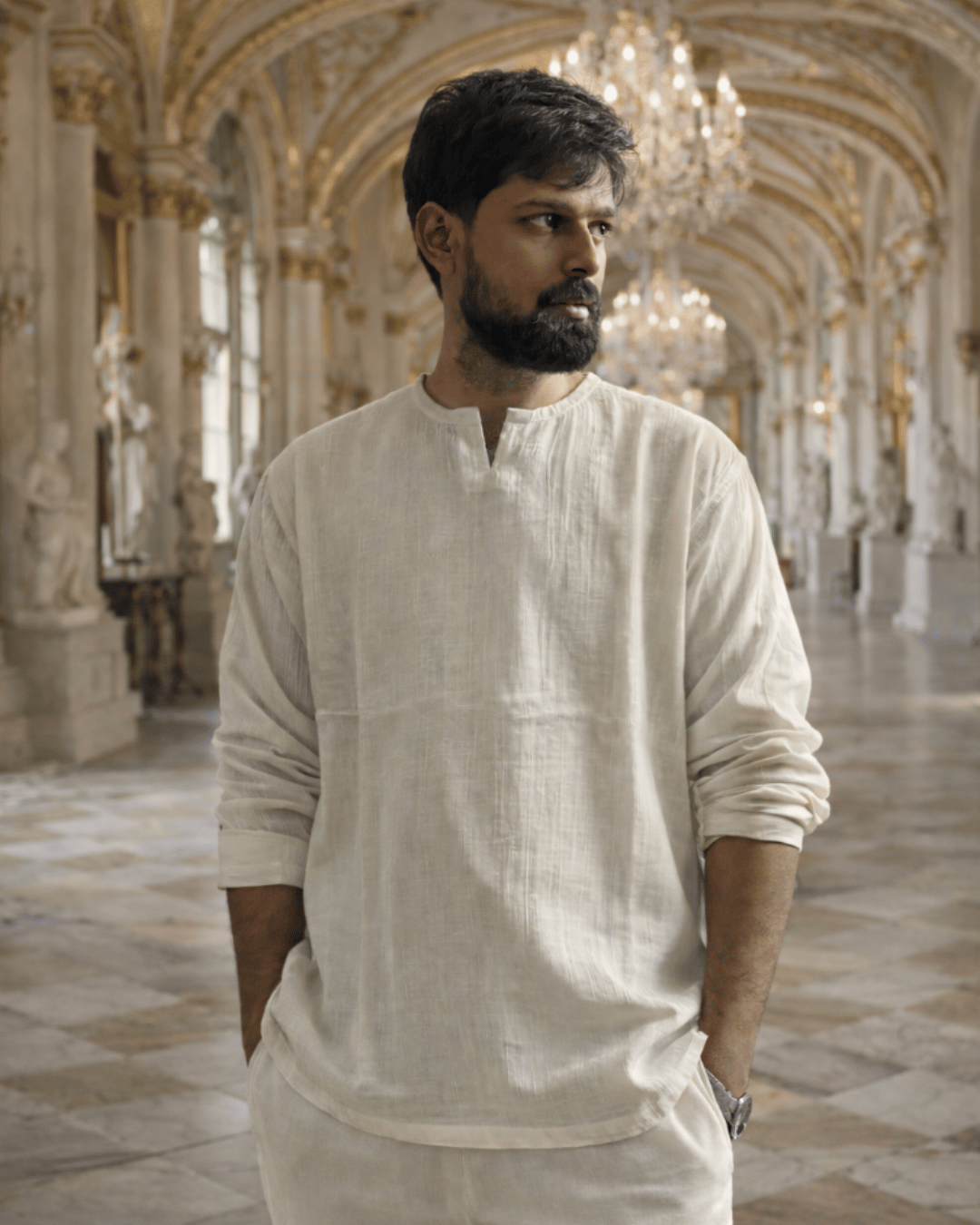 Premium Mulmul Muslin Tee | Slit Round Neck | 100% Organic Cotton | Unisex | Mushaves Classic | Light Beige