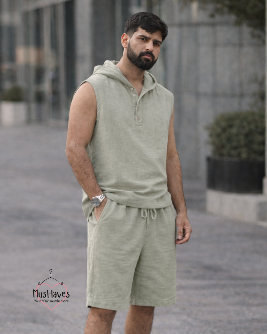 Indian Mulmul Muslin Co-Ord Set Crafted in Organic Cotton | Premium Sleeveless Hoodie & Shorts | Greenish Grey