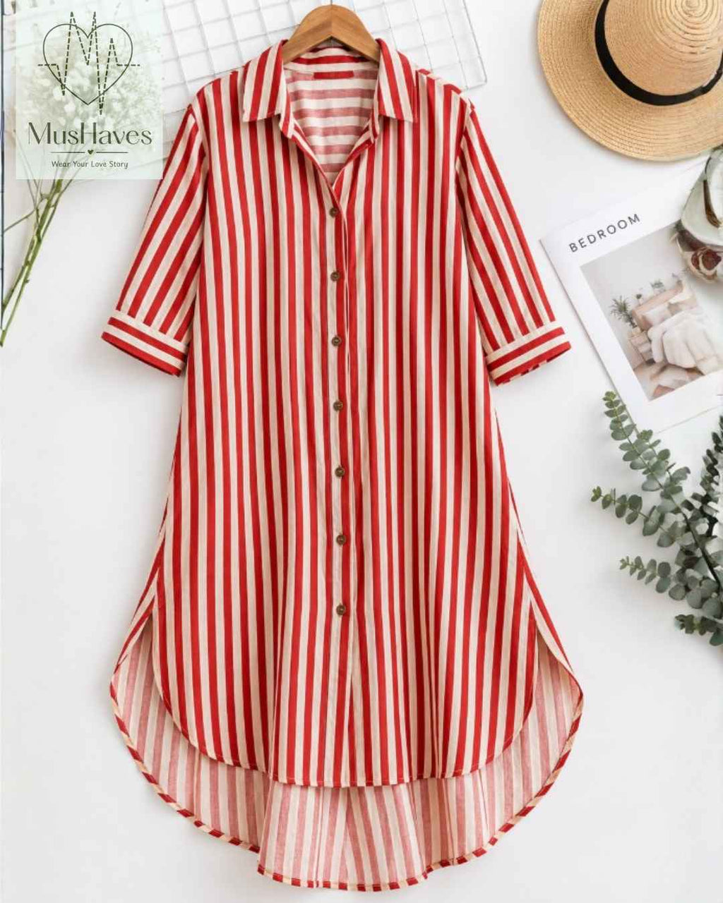 Signature Muslin Shirt Dress - Red Stripes
