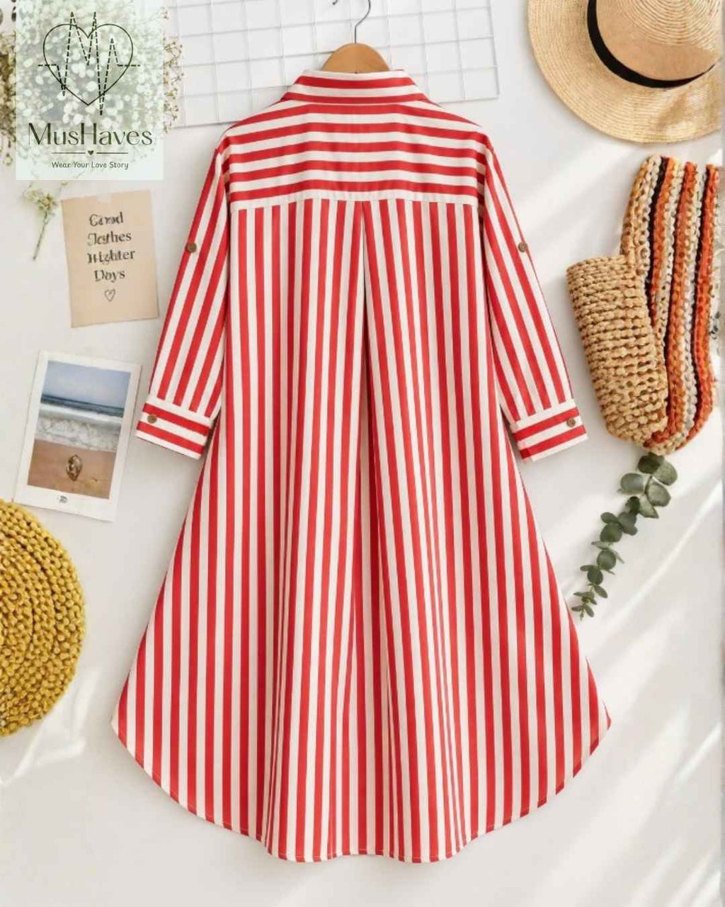 Signature Muslin Shirt Dress - Red Stripes
