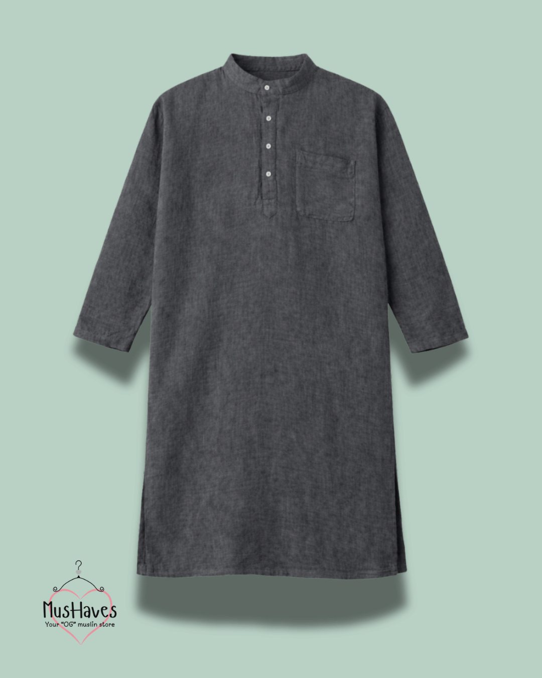 Festive Muslin Bandhgala Long Kurta – Charcoal Grey