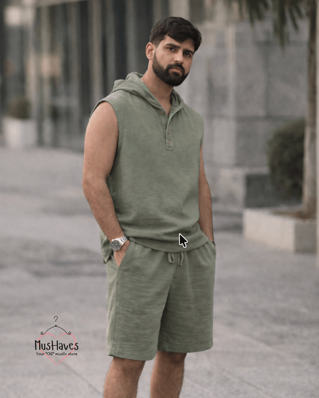 Indian Mulmul Muslin Co-Ord Set Crafted in Organic Cotton | Premium Sleeveless Hoodie & Shorts | Olive Green