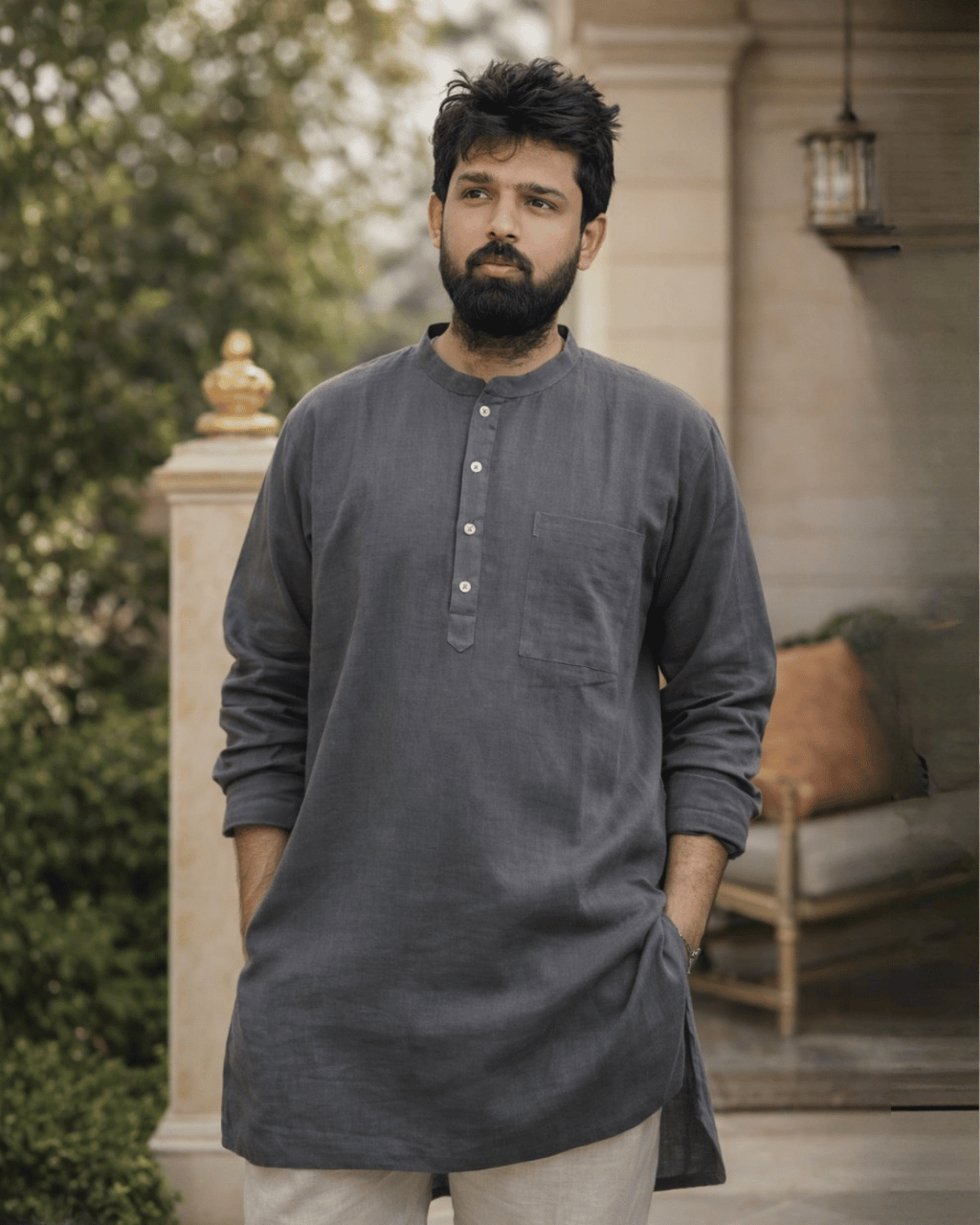 Festive Muslin Bandhgala Long Kurta – Charcoal Grey