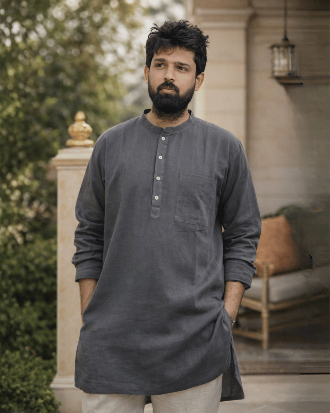 Festive Muslin Bandhgala Long Kurta – Charcoal Grey