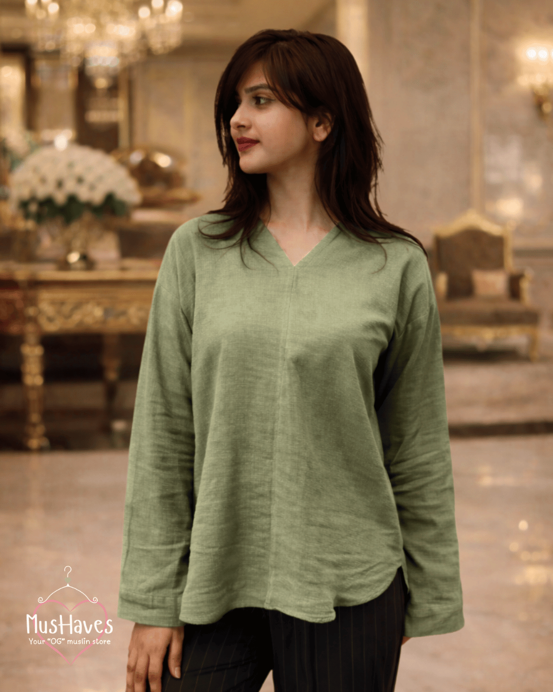 Women Premium Muslin Formal Blouse – 100% Double Gauze | Loose Fit | Silloute | Slit Round Neck | Olive Green