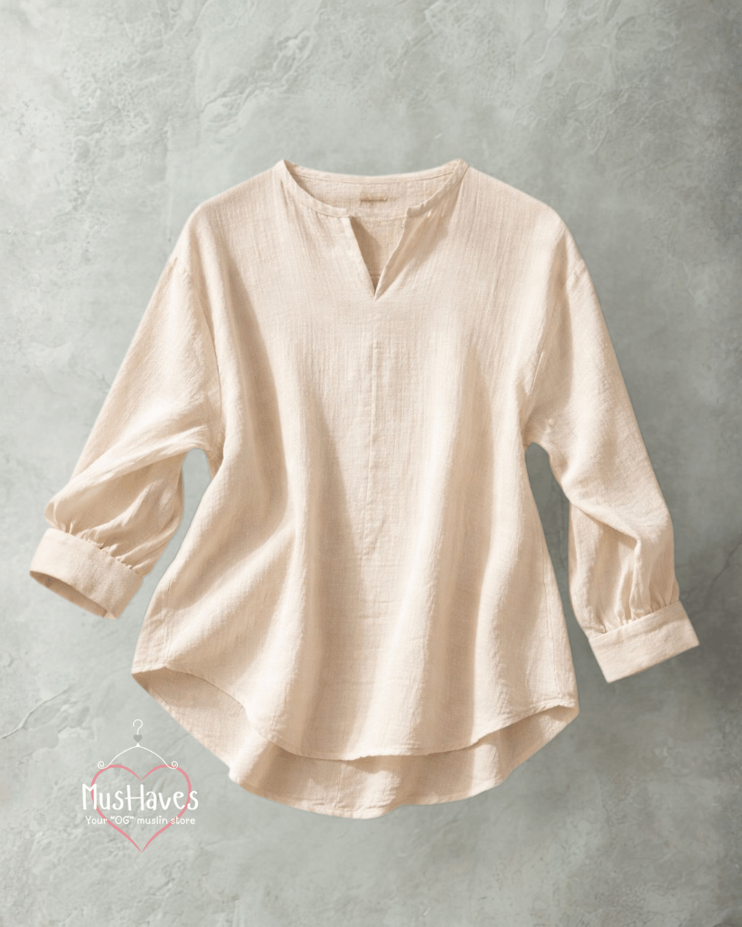 Women Premium Muslin Formal Blouse – 100% Double Gauze | Loose Fit | Silloute | Slit Round Neck | Beige