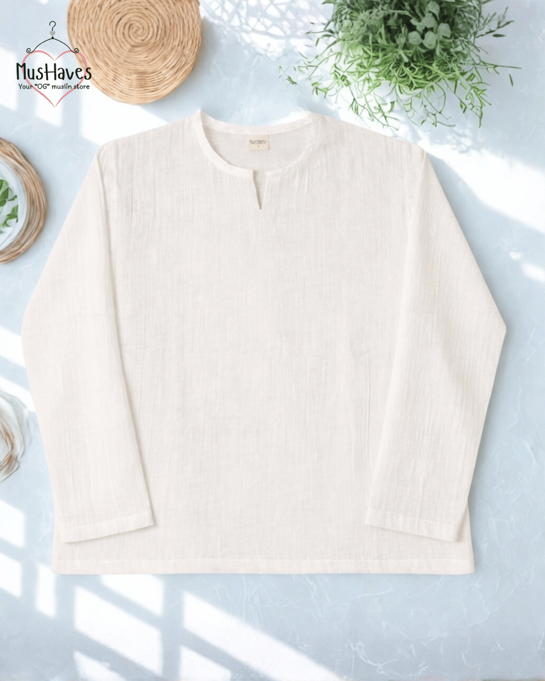 Premium Mulmul Musli Tee | Slit Round Neck | 100% Organic Cotton | Unisex | Mushaves Classic | Pearl White