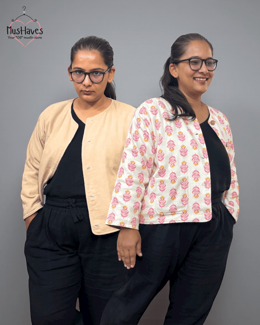 Premium Muslin Jacket | Women | 100% Organic Cotton | Mulmul | 4-Layer | 6-Layers | Reversible | Round Neck | 10°C to 25°C | Red Petal + Beige