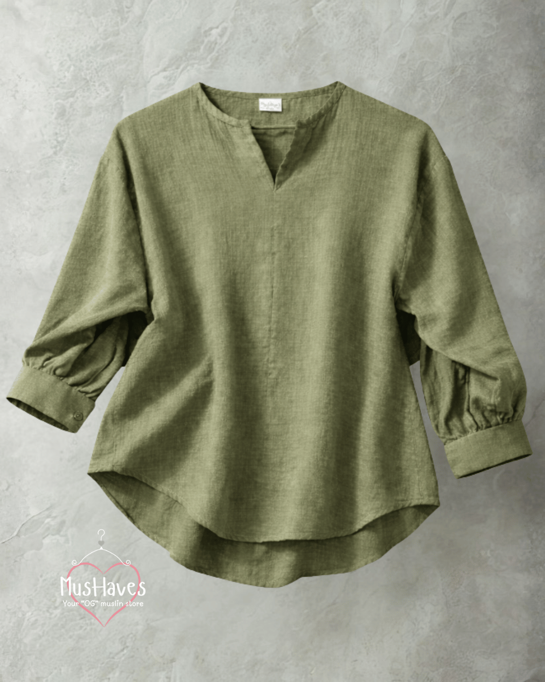Women Premium Muslin Formal Blouse – 100% Double Gauze | Loose Fit | Silloute | Slit Round Neck | Olive Green