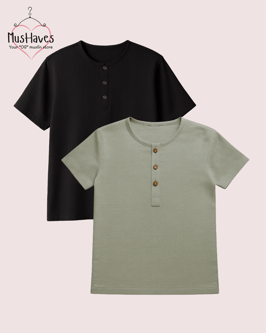 Unisex Organic Cotton Muslin T-Shirt – 100% Double Gauze, Loose Fit, Breathable Black + Green-Grey Tee