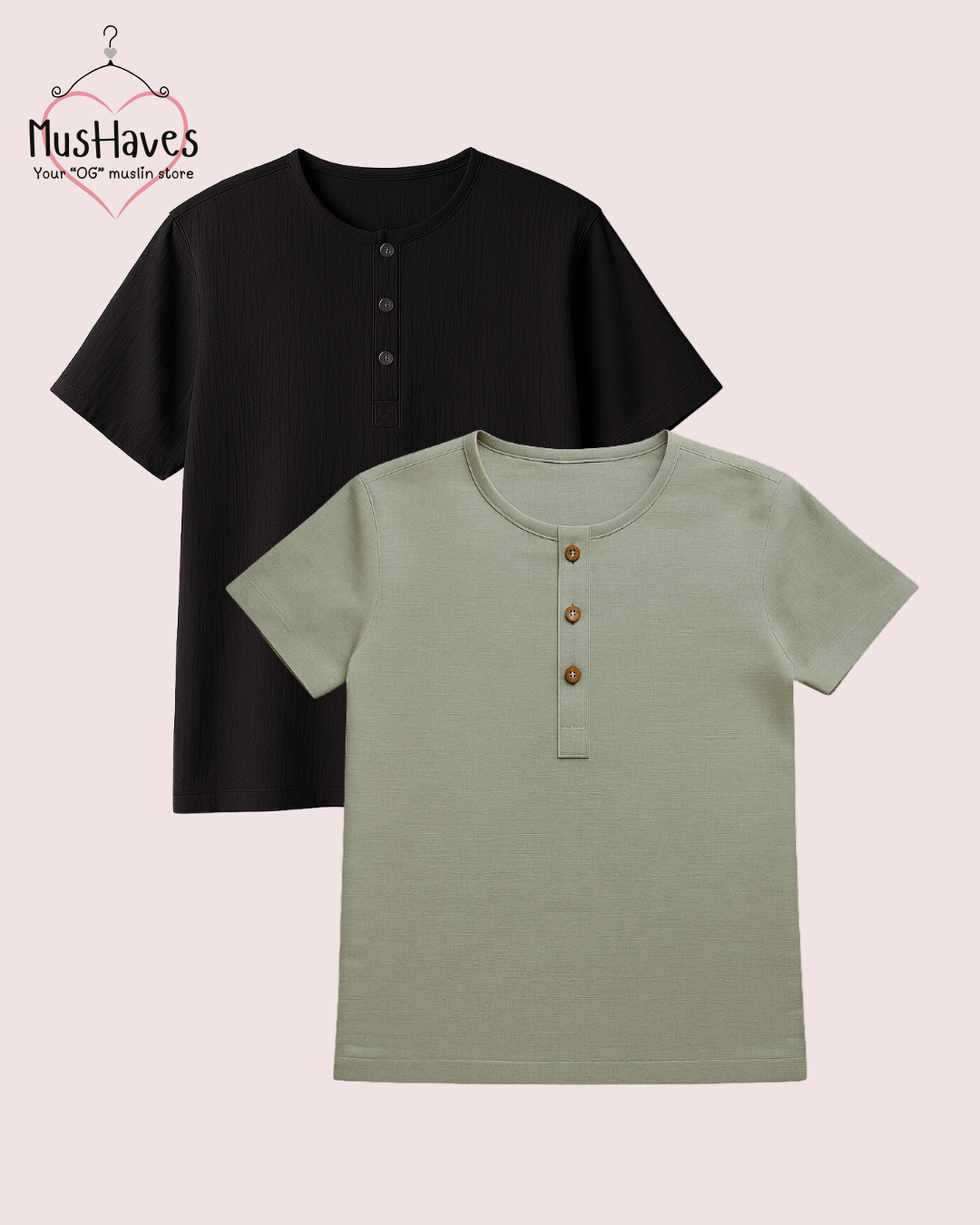 Muslin Henley Twin Pack – Black × Sage