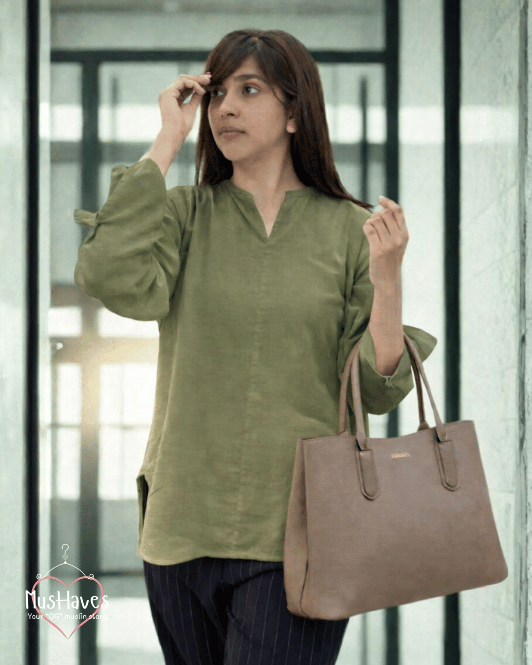 Women Premium Muslin Formal Blouse – 100% Double Gauze | Loose Fit | Silloute | Slit Round Neck | Olive Green