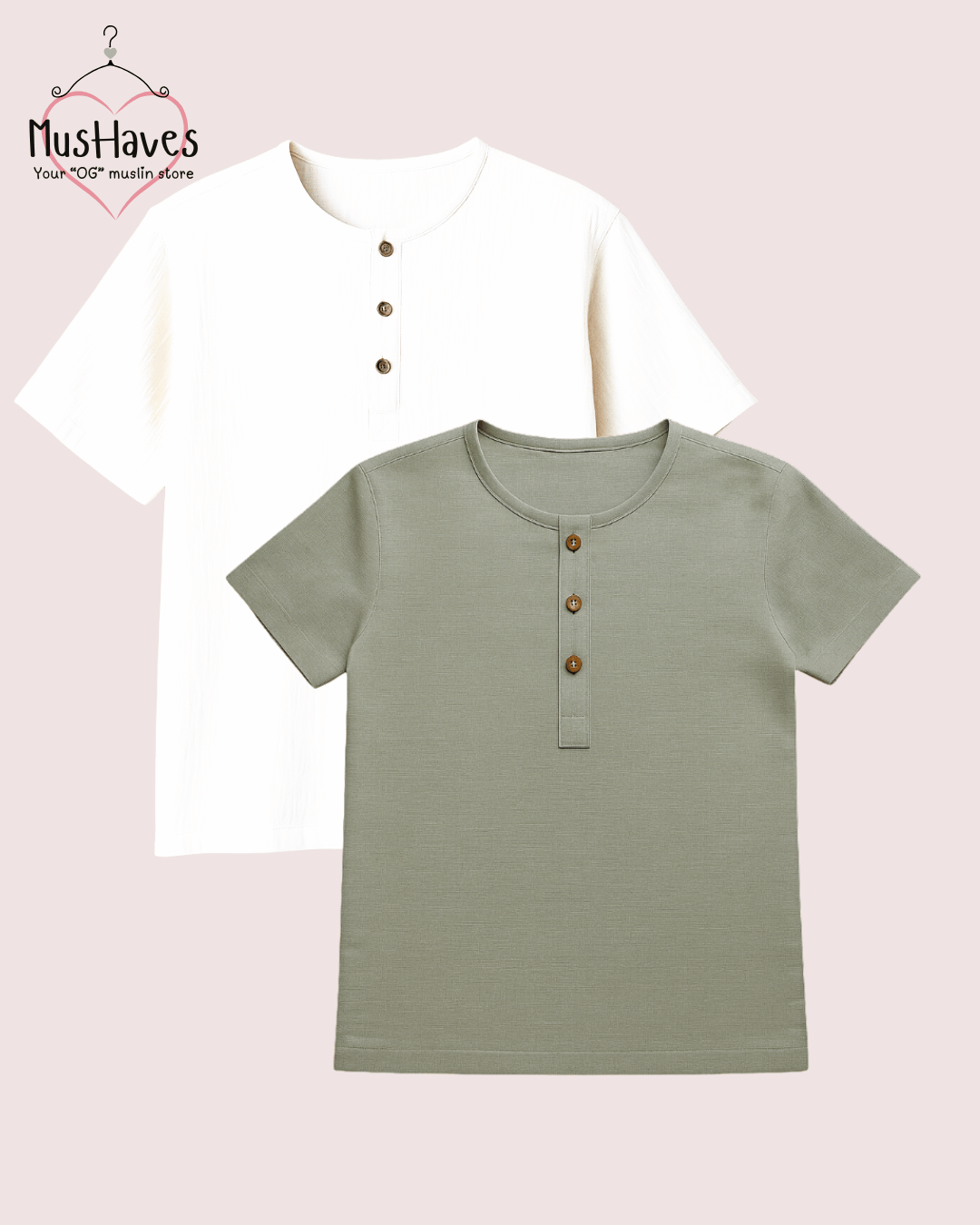 Unisex Organic Cotton Muslin T-Shirt – 100% Double Gauze, Loose Fit, Breathable Green-Grey + White