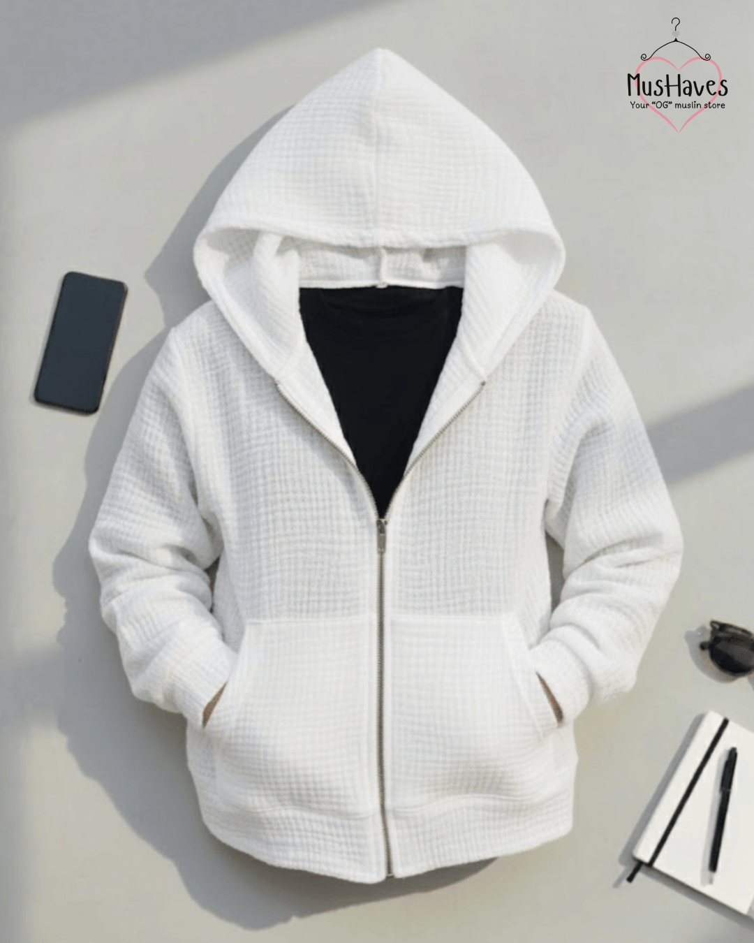 Muslin Layered Zip Hoodie – Pearl White