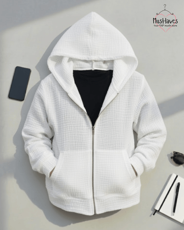 Muslin Layered Zip Hoodie – Pearl White