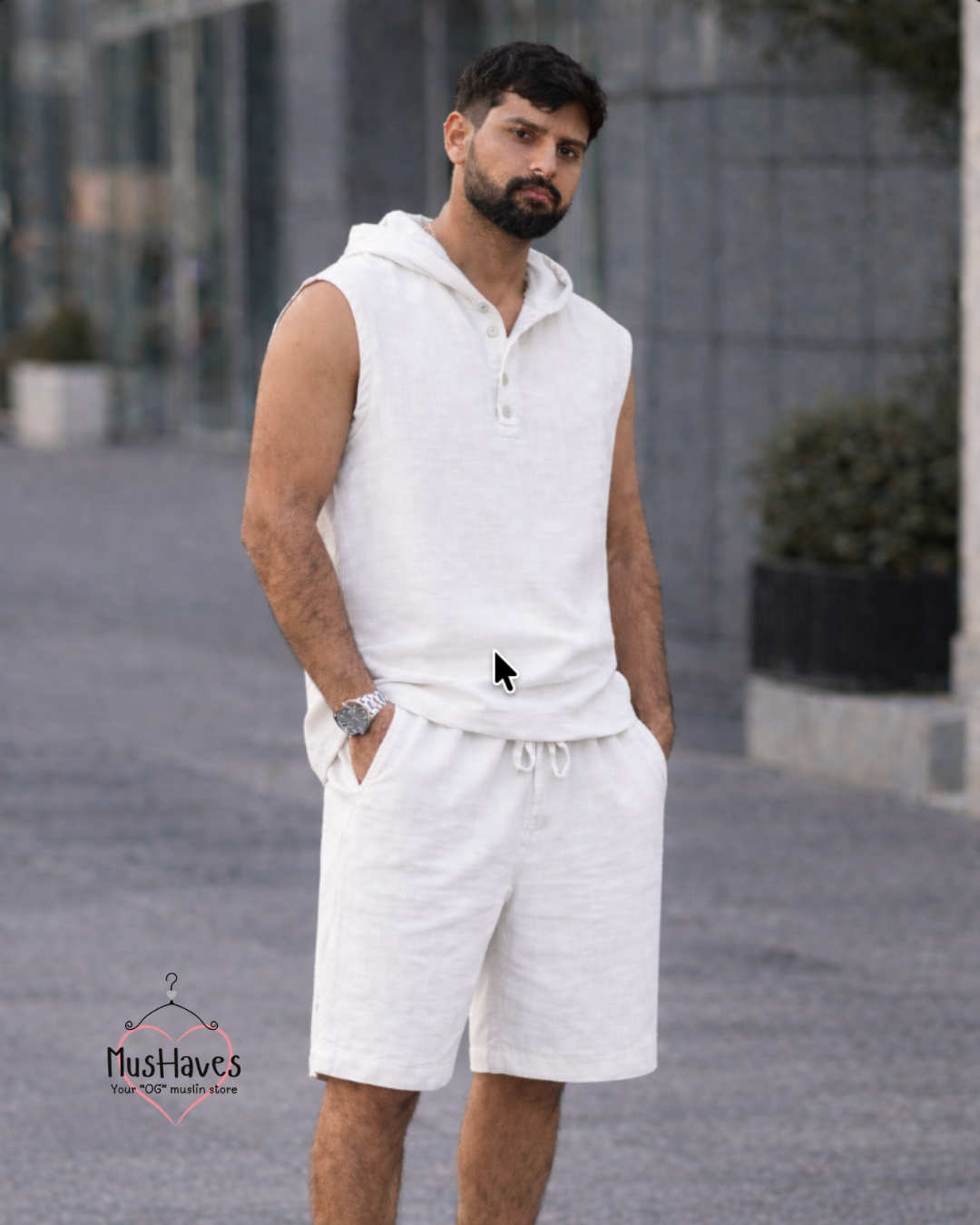 Indian Mulmul Muslin Co-Ord Set Crafted in Organic Cotton | Premium Sleeveless Hoodie & Shorts | Pearl White