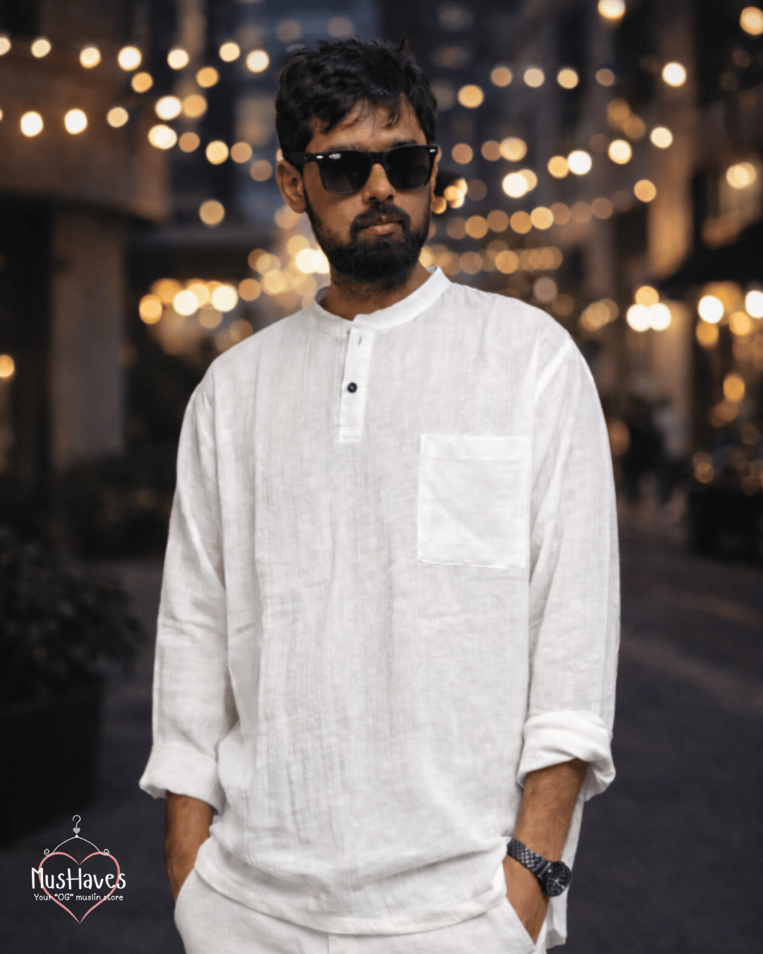 Premium Mulmul Kurta Teeshirt | 100% Organic Cotton | Men | Mushaves Classic | Pearl White