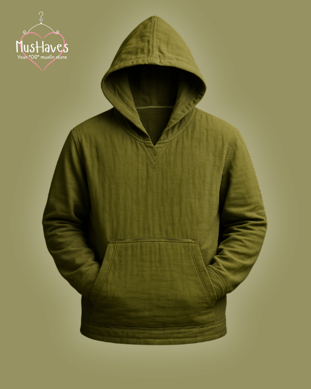 Premium Muslin Hoodie | Unisex | 100% Organic Cotton | Mulmul | Anti Static | Breathable | Skin Friendly | Winter Essential | Olive Green