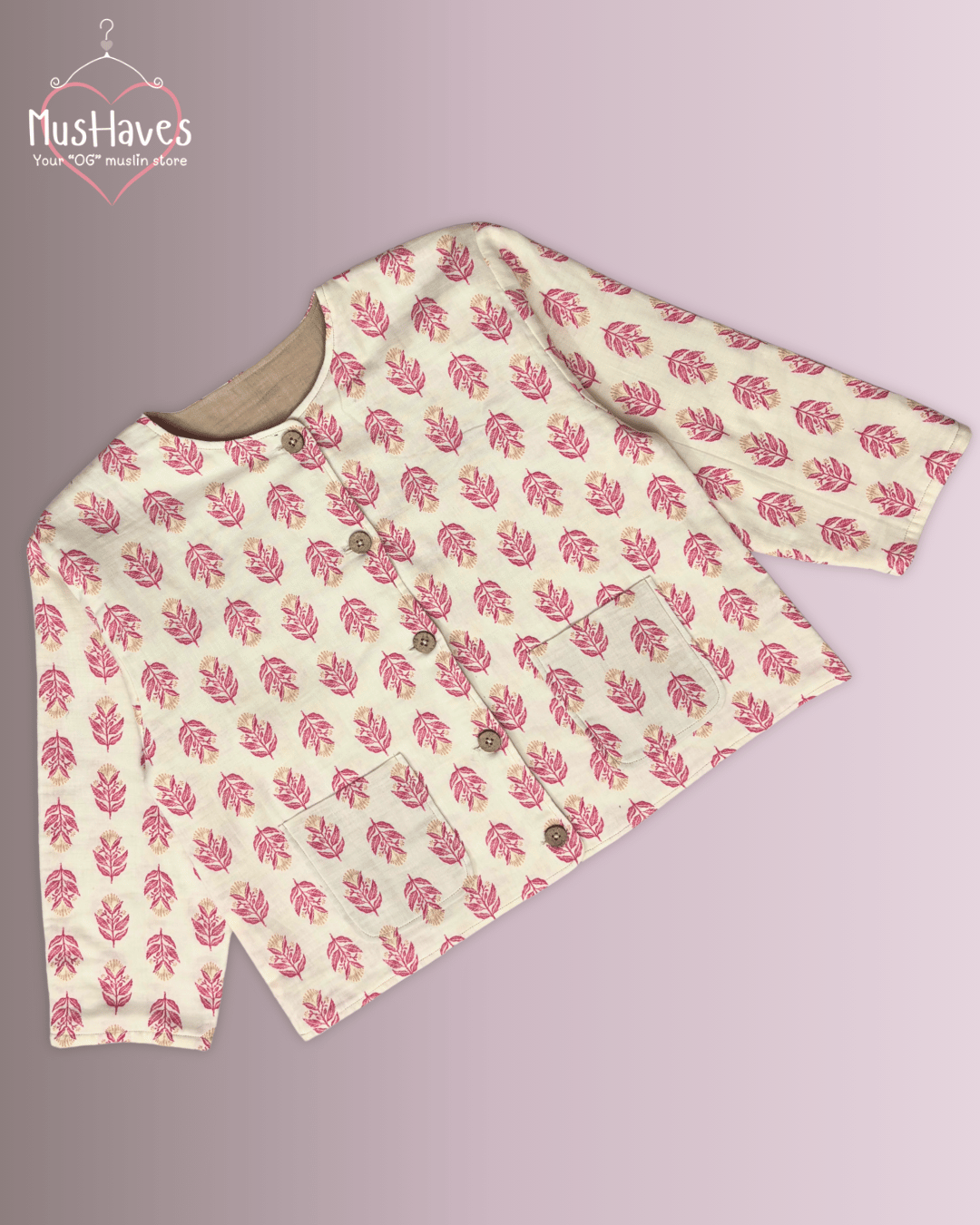 Premium Muslin Jacket | Women | 100% Organic Cotton | Mulmul | 4-Layer | 6-Layers | Reversible | Round Neck | 10°C to 25°C | Red Petal + Beige