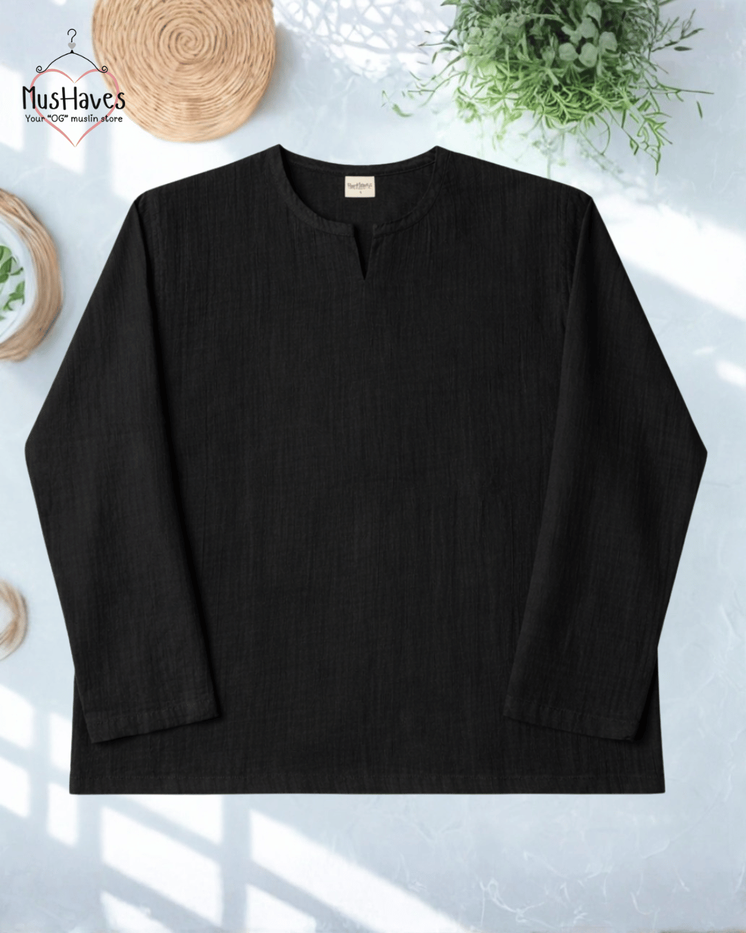 Premium Mulmul Musli Tee | Slit Round Neck | 100% Organic Cotton | Unisex | Mushaves Classic | Charcoal Black