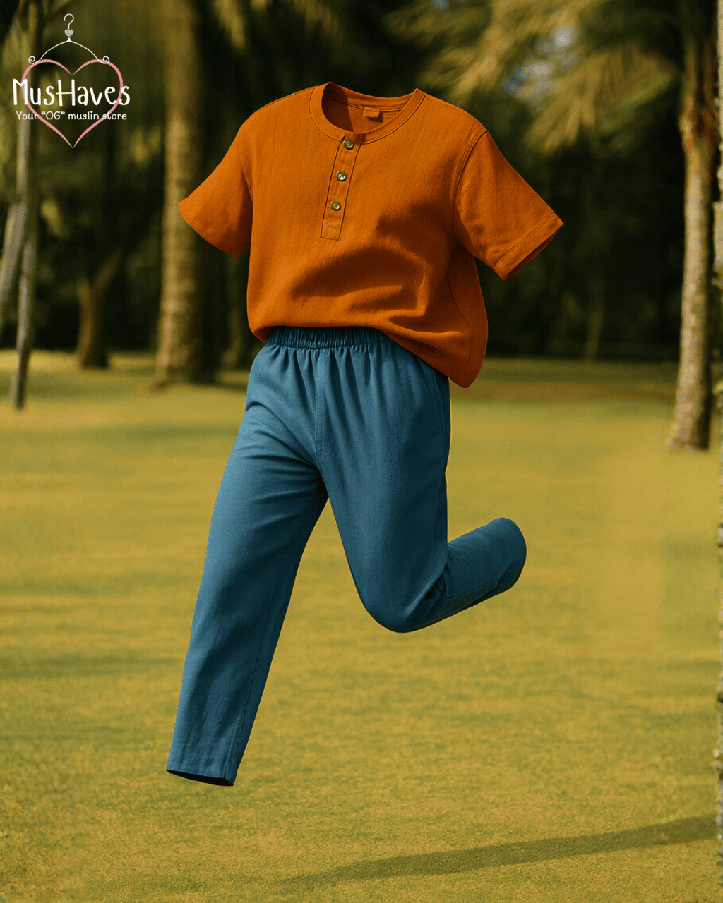 Premium Muslin Combo set | Teeshirt + Bottoms | Rust Orange + Deep Blue