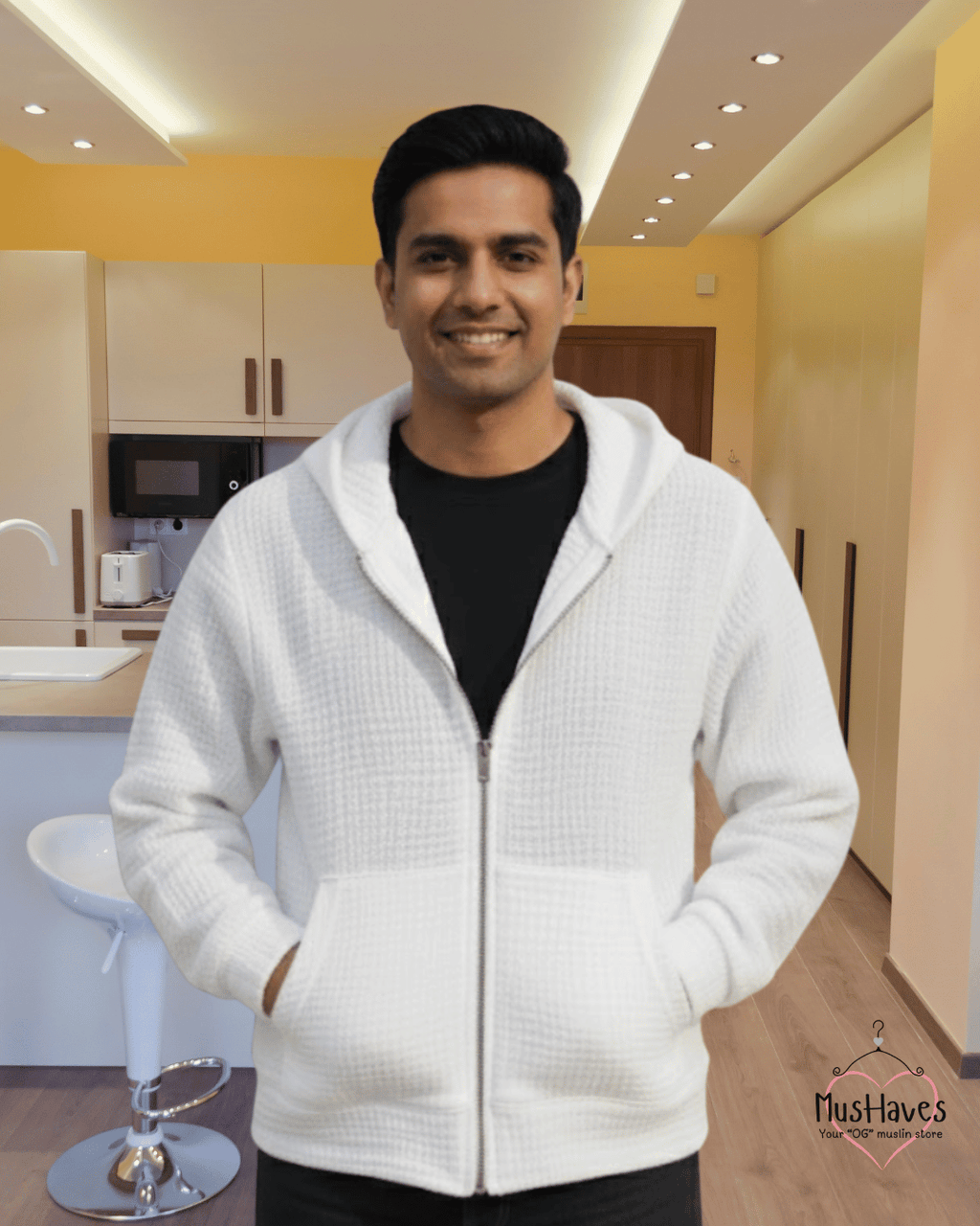 Premium Muslin Hoodie | Unisex | 100% Organic Cotton | Mulmul | Anti Static | Breathable | Skin Friendly | Winter Essential | Christmas Colour-Blocked | White | Zipper