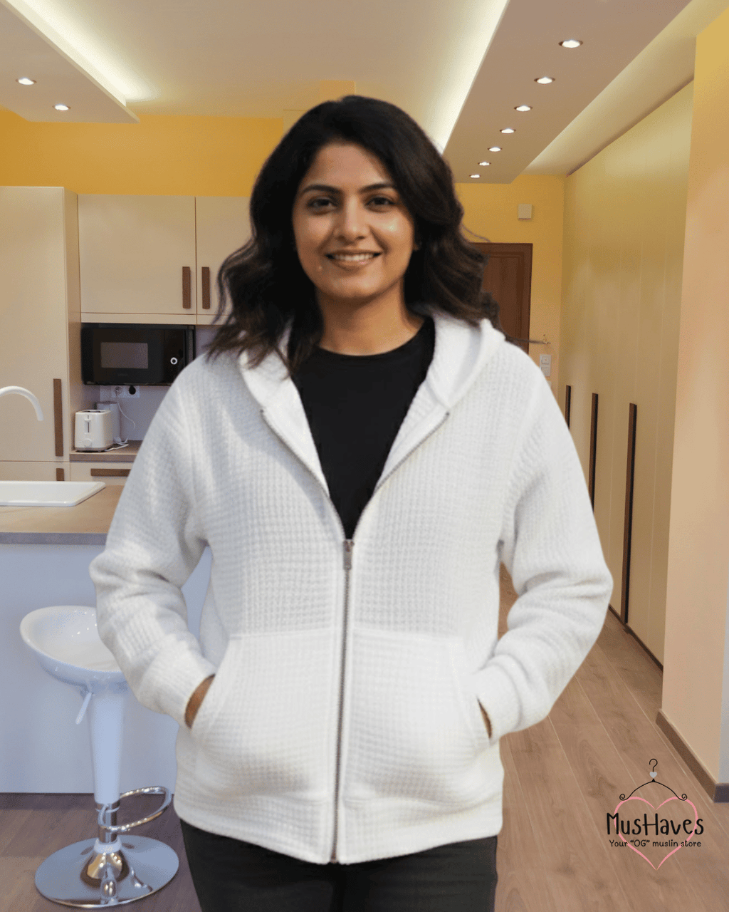 Premium Muslin Hoodie | Unisex | 100% Organic Cotton | Mulmul | Anti Static | Breathable | Skin Friendly | Winter Essential | Christmas Colour-Blocked | White | Zipper