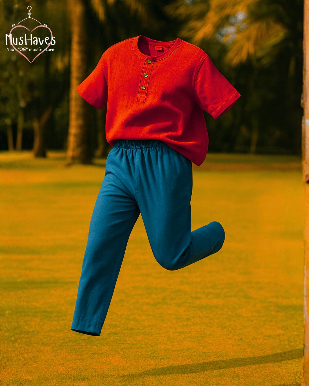 Premium Muslin Combo set | Teeshirt + Bottoms | Classic Red + Deep Blue