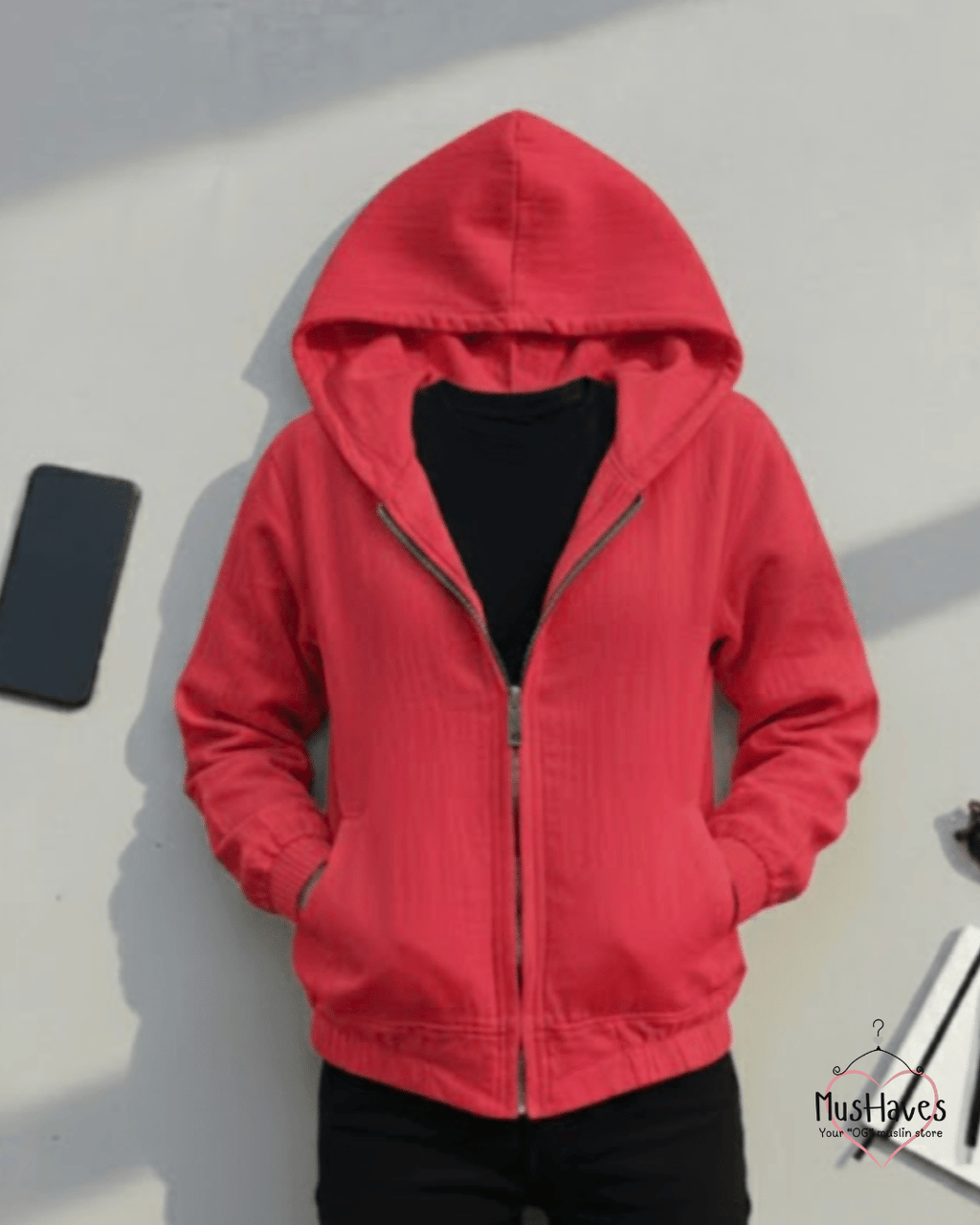Premium Muslin Hoodie | Unisex | 100% Organic Cotton | Mulmul | Anti Static | Breathable | Skin Friendly | Winter Essential | Christmas Colour-Blocked | Red | Zipper