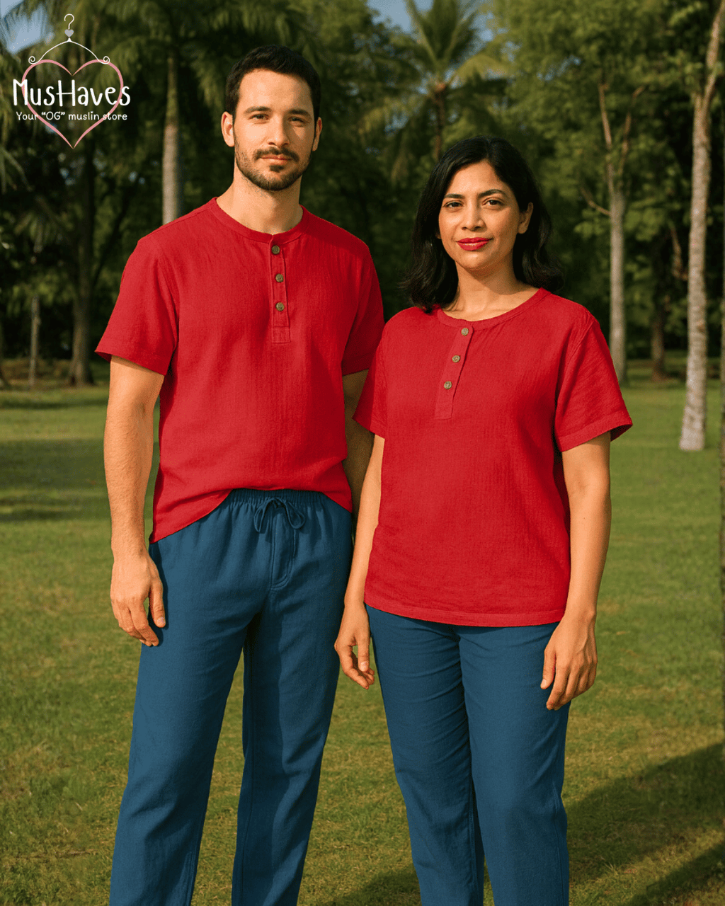 Premium Muslin Combo set | Teeshirt + Bottoms | Classic Red + Deep Blue