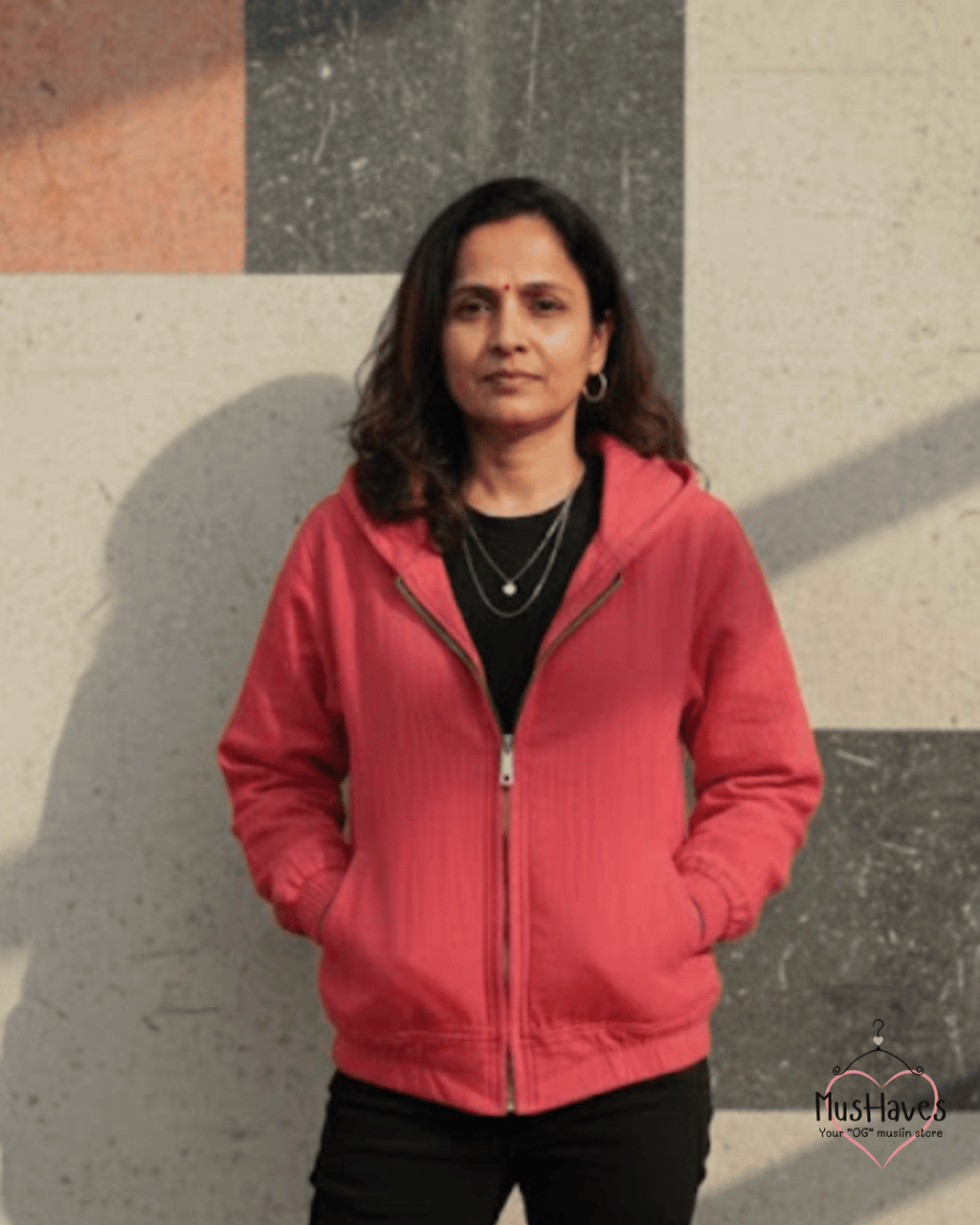 Premium Muslin Hoodie | Unisex | 100% Organic Cotton | Mulmul | Anti Static | Breathable | Skin Friendly | Winter Essential | Christmas Colour-Blocked | Red | Zipper