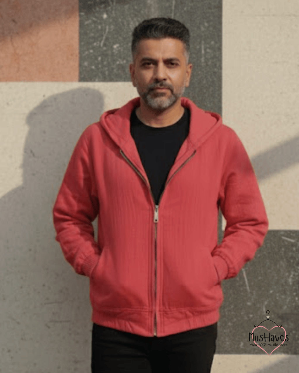Premium Muslin Hoodie | Unisex | 100% Organic Cotton | Mulmul | Anti Static | Breathable | Skin Friendly | Winter Essential | Christmas Colour-Blocked | Red | Zipper