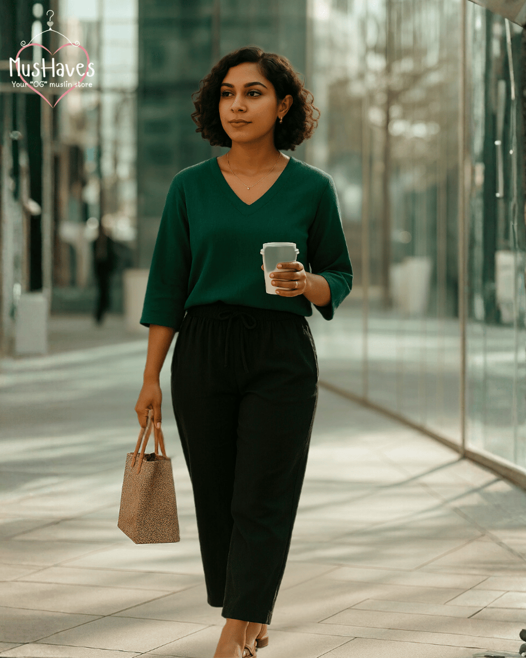 Premium Muslin Combo set | A-Line Teeshirt + Bottoms | Emerald Green + Charcoal Black