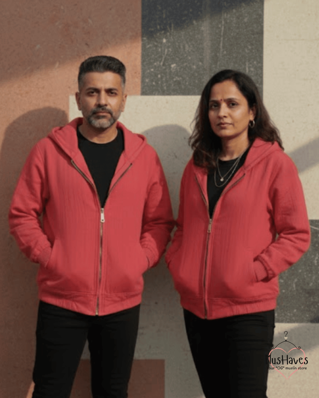 Premium Muslin Hoodie | Unisex | 100% Organic Cotton | Mulmul | Anti Static | Breathable | Skin Friendly | Winter Essential | Christmas Colour-Blocked | Red | Zipper