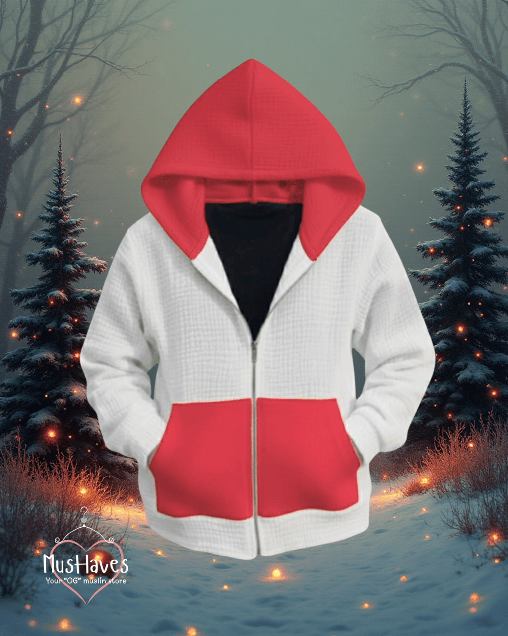 Premium Muslin Hoodie | Unisex | 100% Organic Cotton | Mulmul | Anti Static | Breathable | Skin Friendly | Winter Essential | Christmas Colour-Blocked | White + Red | Zipper