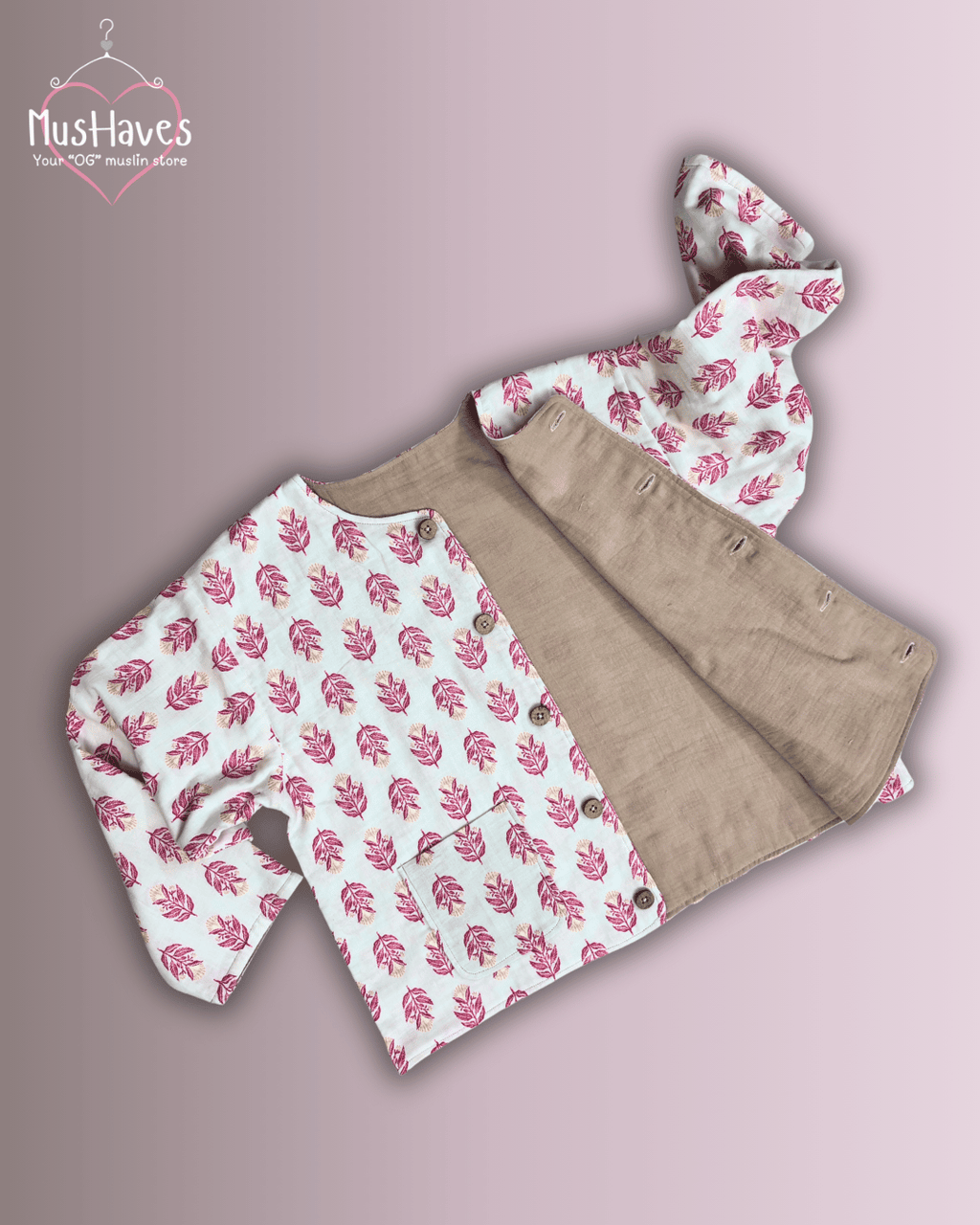 Premium Muslin Jacket | Women | 100% Organic Cotton | Mulmul | 4-Layer | 6-Layers | Reversible | Round Neck | 10°C to 25°C | Red Petal + Beige